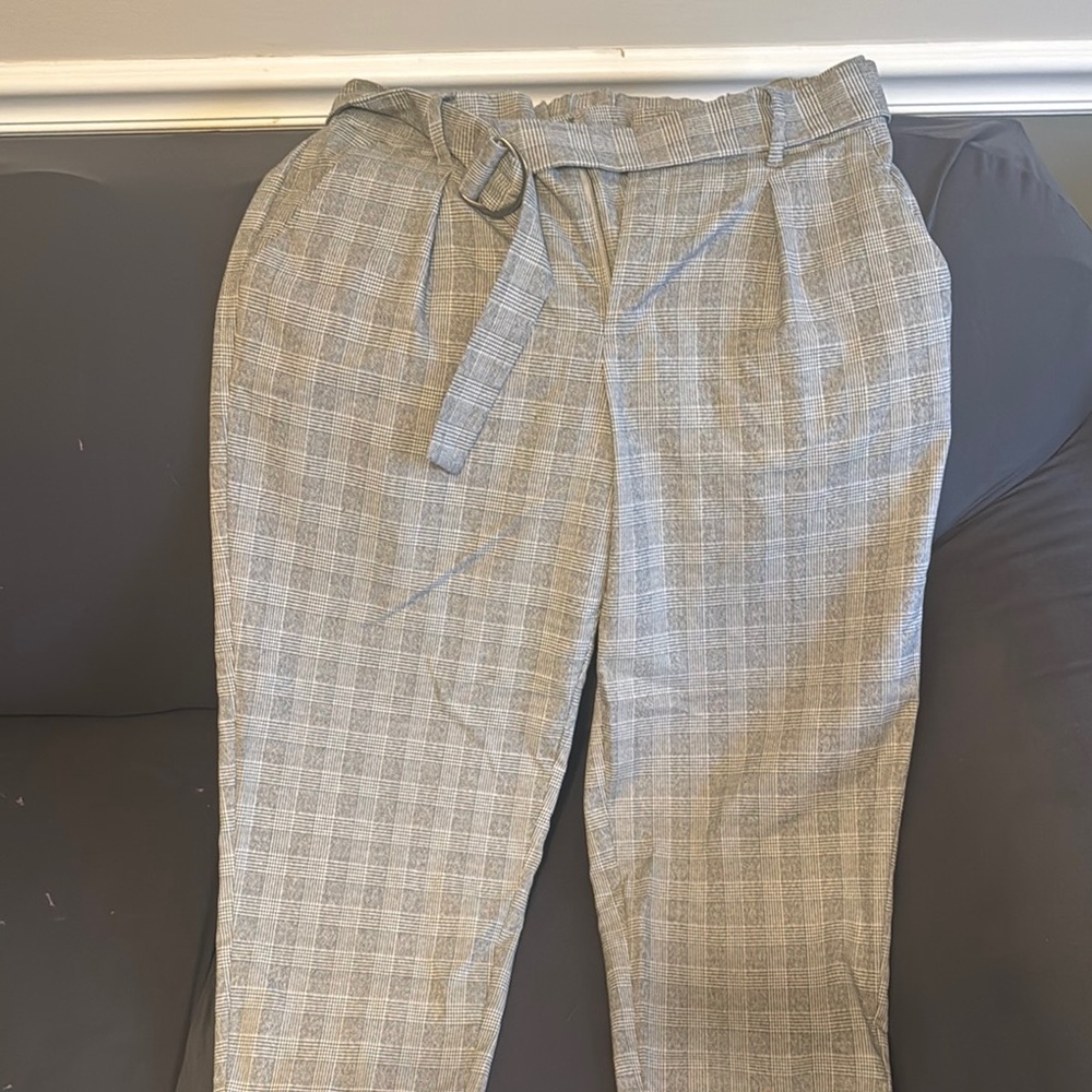 Gray Plaid Women's Pants with Belt